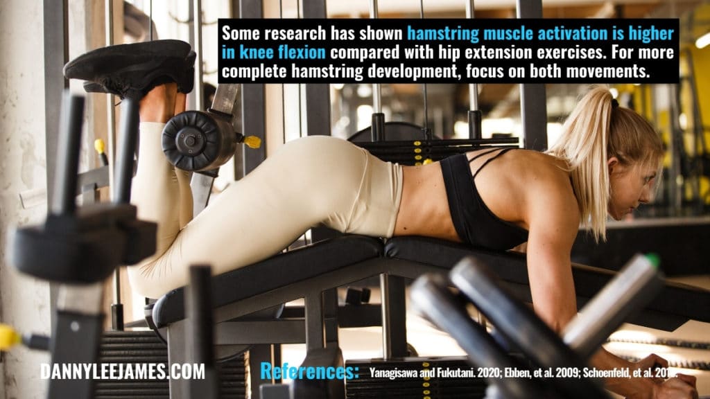 Fit strong muscular woman performing a lying leg curl for hamstring muscle growth