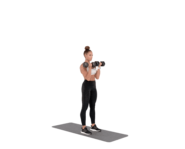 Fit woman performing single arm Arnold press with a dumbbell.