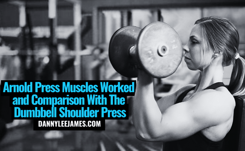 Fit young muscular woman performing dumbbell seated Arnold press