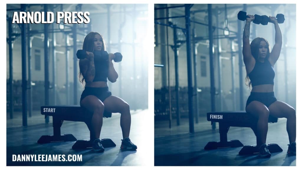 Fit woman performing a seated dumbbell Arnold press in the gym